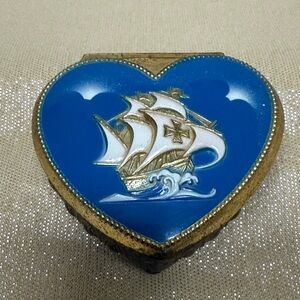 Heart-Shaped clipper ship nautical Trinket Box vintage